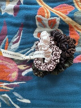 Anthropologie Satin & Leopard Scrunchie Set - Blush, Brown, Olive
